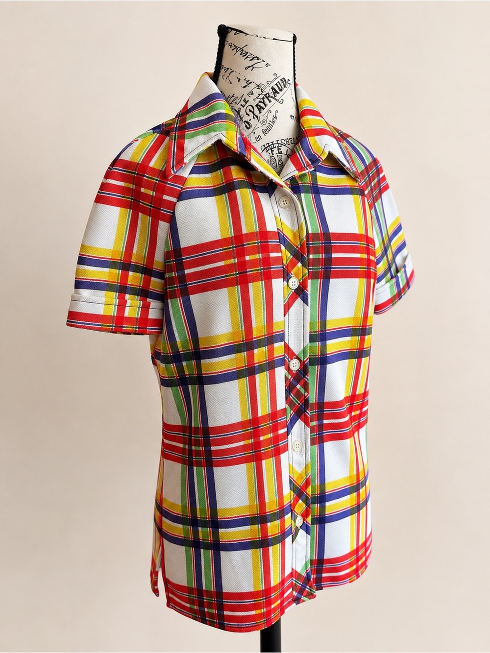 Vintage 70s Dimension Disco Rainbow Short Sleeve Point Collar Mod Plaid Shirt